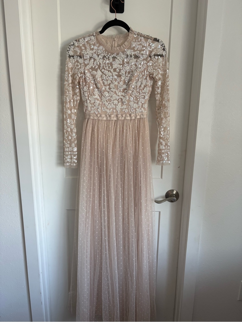Beaded Long-Sleeve Maxi Dress in Blush